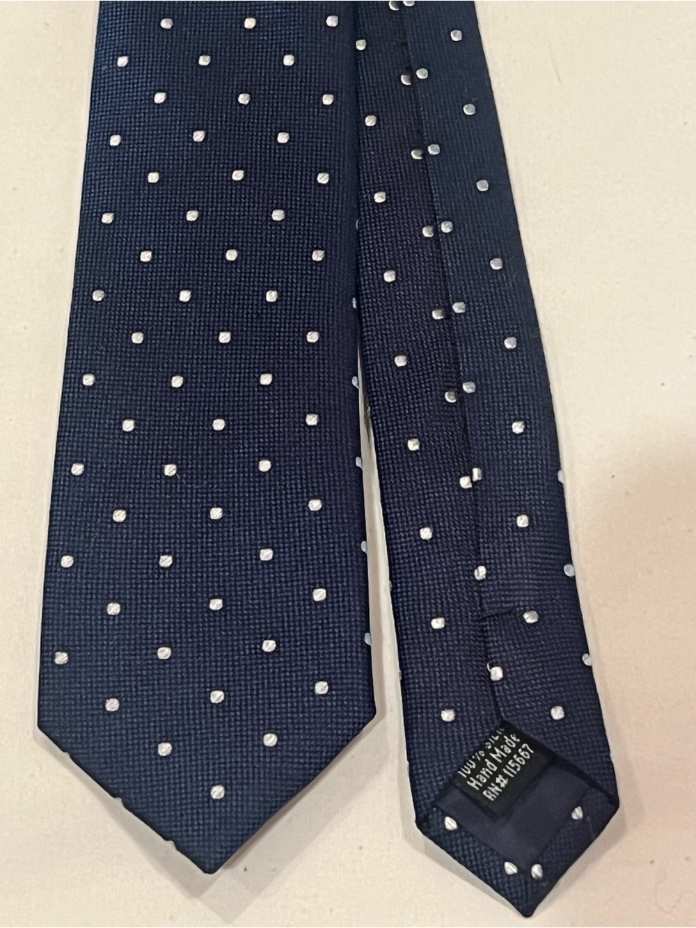 Isaac Mizrahi 100% Silk Midnight Blue Tie with White Polka Dots 51”